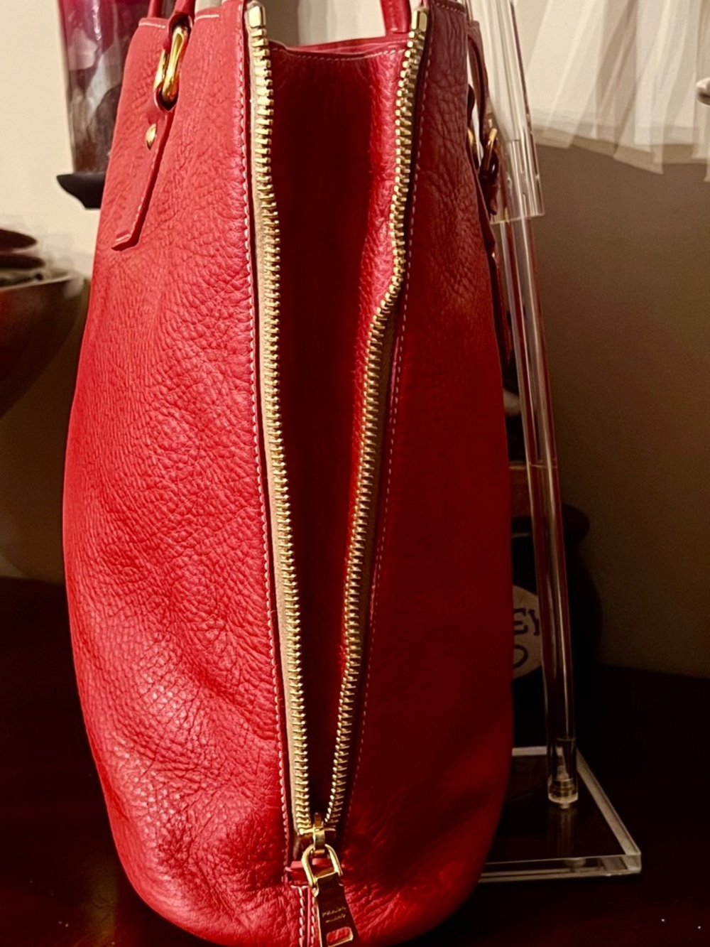 Prada Red Pebbled Leather Tote with Gold Hardware - Picture 5 of 16